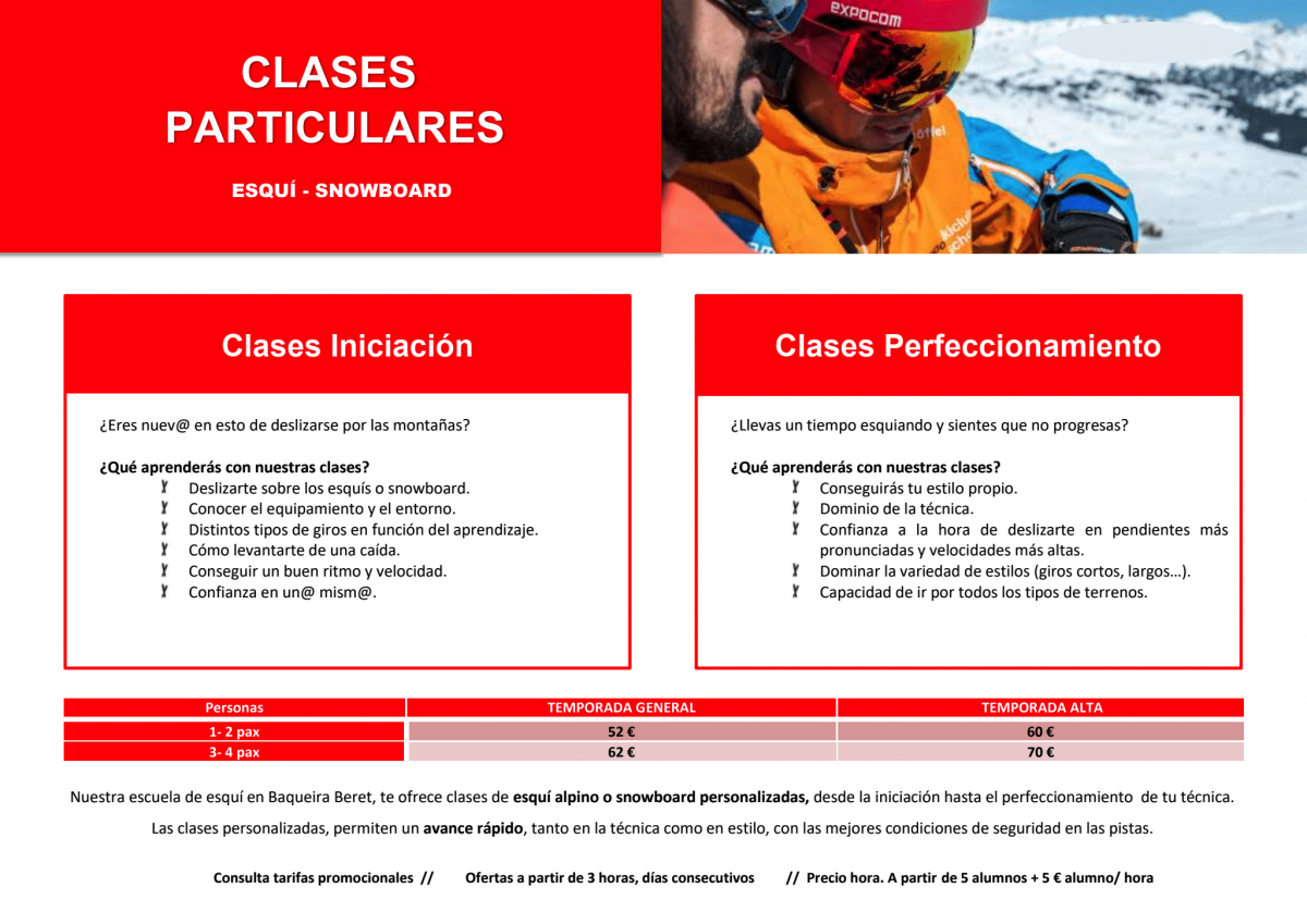 clases de esqui SKI LESSONS TARIFAS PARTICULARES Y COLECTIVAS BAQUEIRA BERET VALLE ARAN