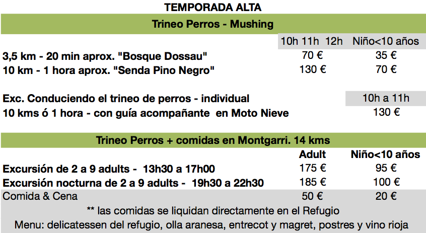 Mushing trineo perros tarifas dogs sledge montgarri 21 20